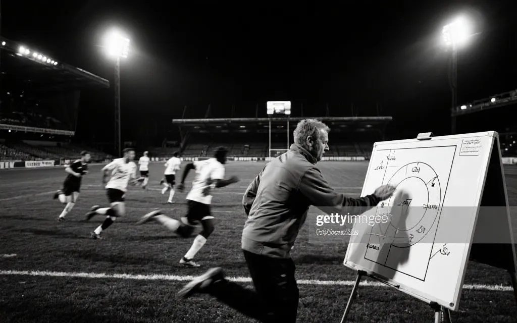 淘汰赛夜晚球场灯光下的战术板与奔跑球员的对比画面