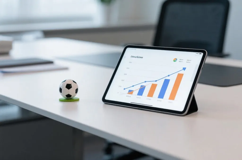 A sleek tablet showing financial growth charts with a miniature soccer ball on a modern office desk